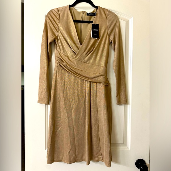 Ralph Lauren Gold Foil-Print Jersey Cocktail Dress Black Label - Picture 1 of 2